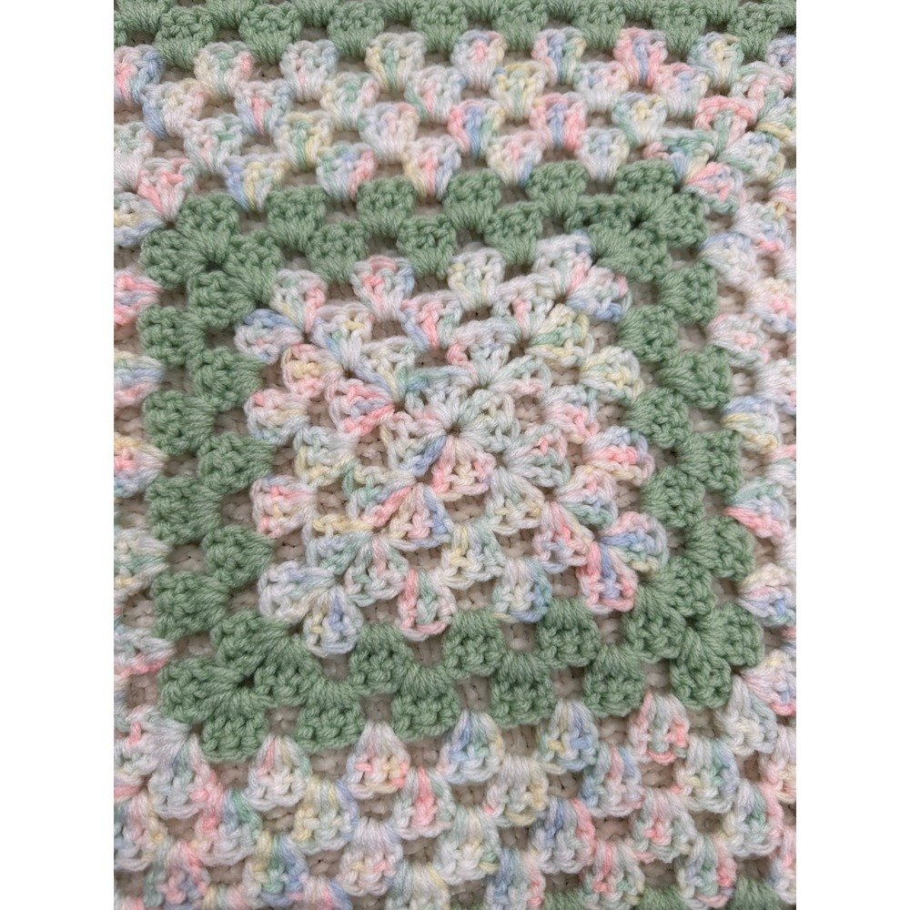 Handmade Crochet Baby Blanket Granny Square Pastel Green 35x35 Vintage Nursery